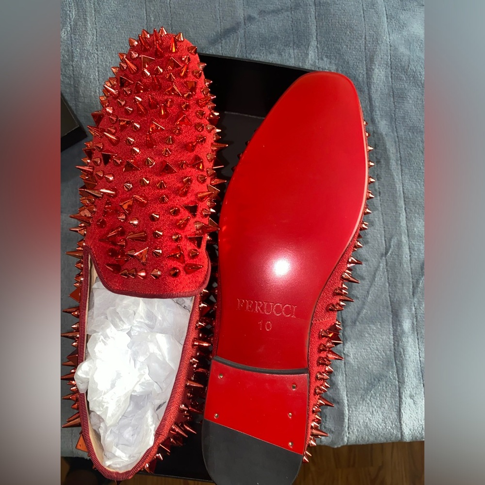 Men FERUCCI Red Spikes Slippers Loafers Flats Red Crystal Rivet Wedding Prom